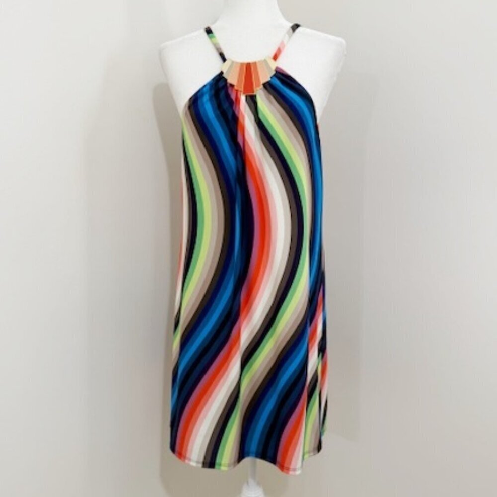 Trina Turk Halter Shift Dress Rainbow Psychedelic Wave Stripe Dress Size M